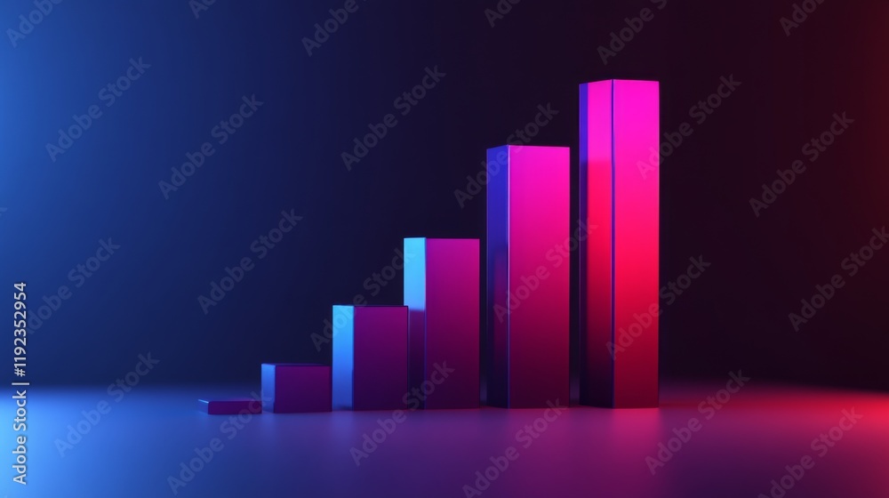 Poster a professional d bar graph with smooth, glossy bars in shades of red and blue, showing the increasin