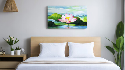 serene bedroom featuring beautiful lotus painting above wooden bed, complemented by green plants and soft white bedding