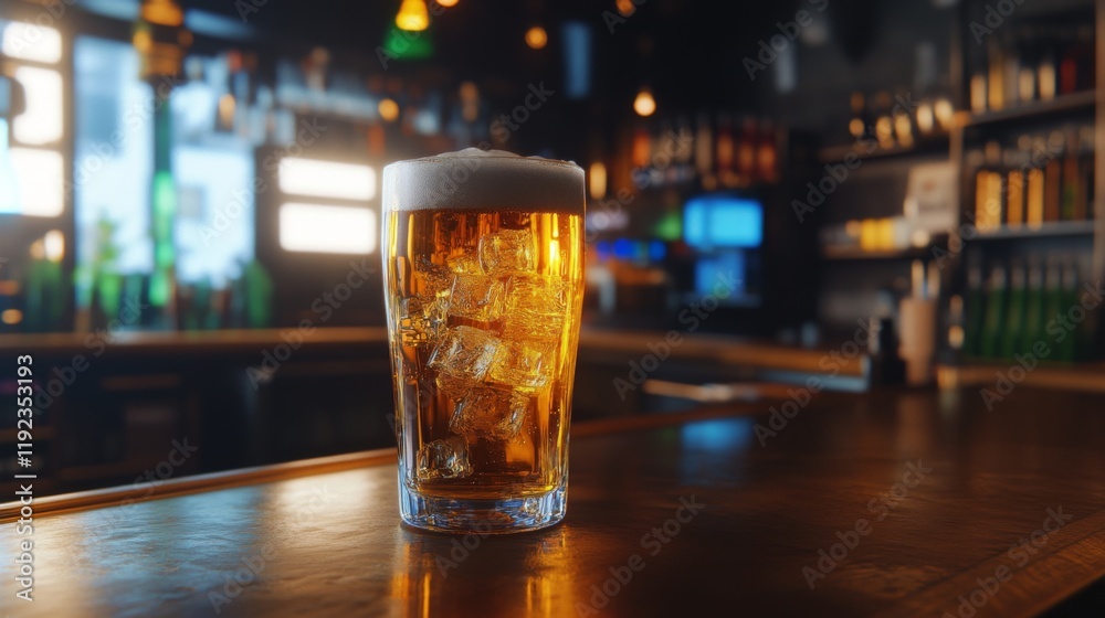 Aufkleber a refreshing glass of beer filled with ice cubes, set on a bar counter with soft reflections, creati