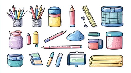 Fototapeta premium Colorful Stationery Supplies: Pencils, Pens, and More for Art and School