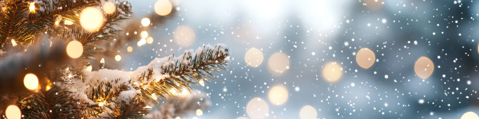 snowy winter scene featuring Christmas tree adorned with warm lights, creating cozy and festive atmosphere. Snowflakes gently fall, enhancing holiday spirit