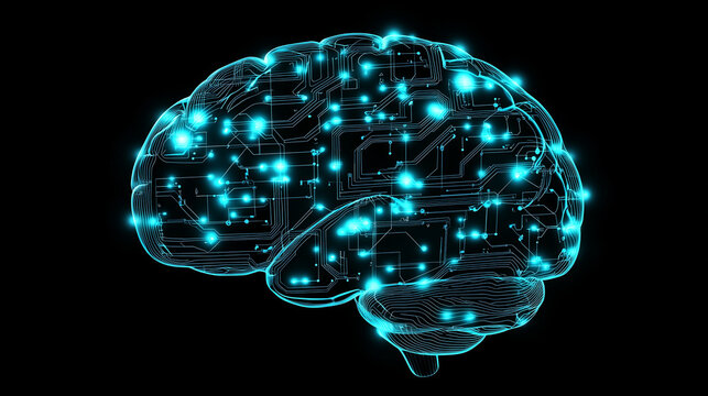 An intricate digital brain illuminated by neon-blue lights. A network of circuits symbolizes artificial intelligence and advanced technology, showcasing the future of cognitive systems.