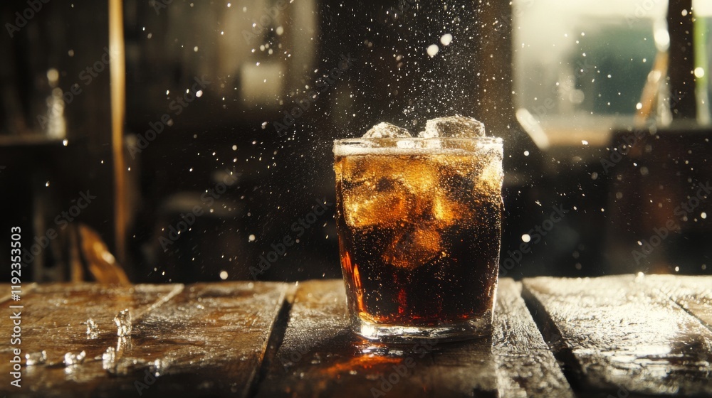Aufkleber A refreshing shot of a cold soda with ice cubes, the liquid fizzing and sparkling, placed on a rustic wooden table with soft, diffused lighting
