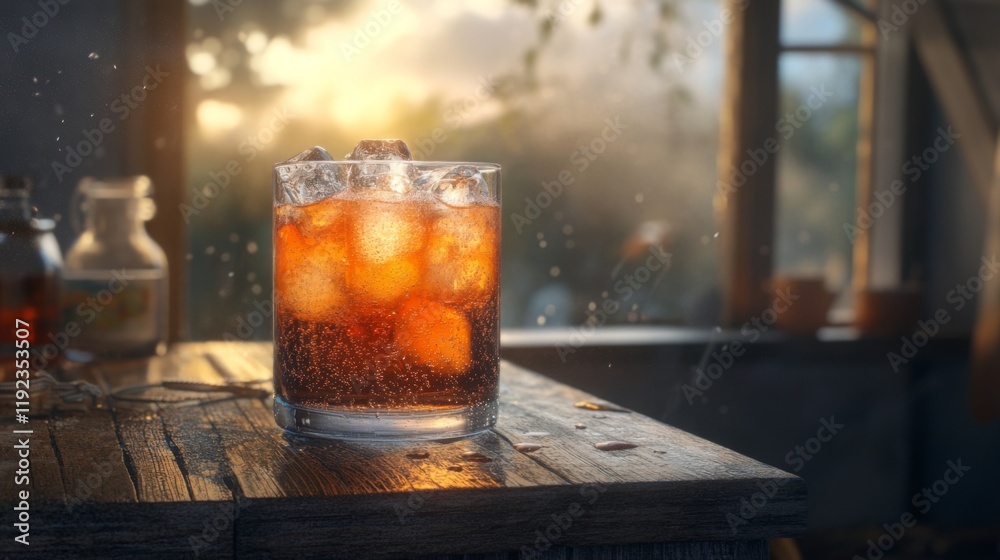 Aufkleber A refreshing shot of a cold soda with ice cubes, the liquid fizzing and sparkling, placed on a rustic wooden table with soft, diffused lighting