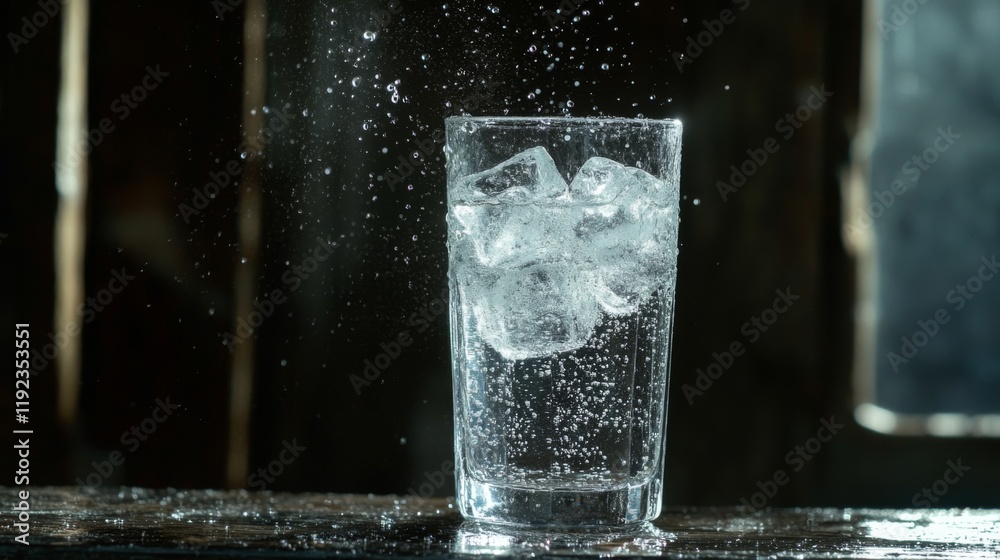 Poster A refreshing shot of a cold soda with ice cubes, the liquid fizzing and sparkling, placed on a rustic wooden table with soft, diffused lighting