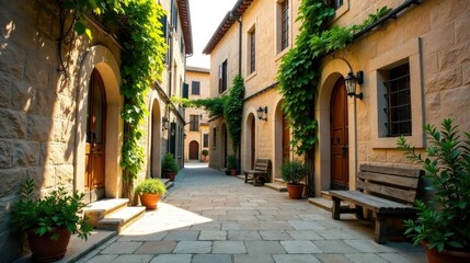 Obraz premium Sun-drenched stone pathway, flanked by aged buildings with arched doorways and flourishing vines, showcasing rustic wooden benches and potted plants, creating a tranquil and inviting atmosphere