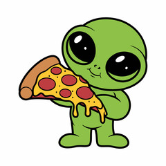 Cute Green Alien Holding Pepperoni Pizza Slice Illustration