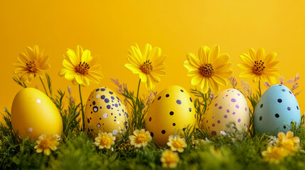 Five Decorated Easter Eggs in Grass with Yellow Flowers Against Yellow Background