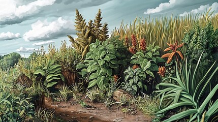 Artistic depiction of invasive plant species highlighting their disruptive impacts native habitats and ecosystems