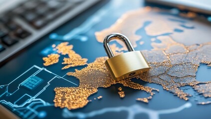 Map of Europe with Opened Padlock, Symbolizing Security and Protection in Network Style