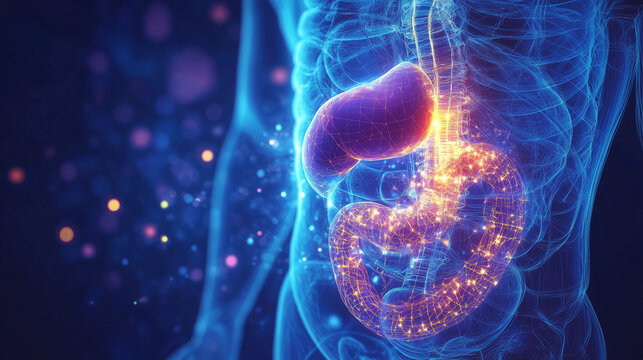 A lifelike medical illustration of the stomach, demonstrating its position in the body and its connection to surrounding organs.