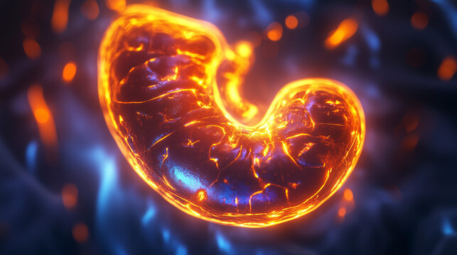 A labeled medical illustration of the stomach, emphasizing its parts, such as the fundus, body, and pyloric region.
