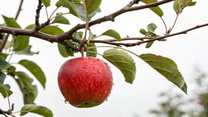 Obraz premium Juicy Red Apple Hanging on Branch with Dew Drops