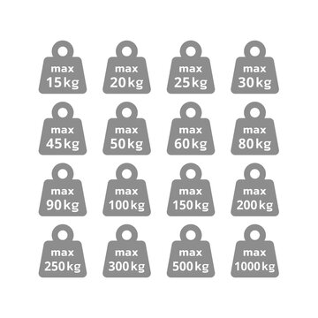 Maximum weight in kilograms icon set. Max kg load capacity vector icons.