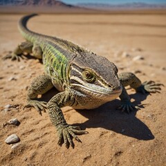 Obraz premium A sand lizard on the edge of a shimmering desert mirage under a blazing sun.