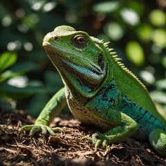 Obraz premium A vibrant green lizard basking under dappled light in a tranquil botanical garden.