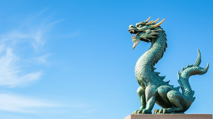 Fototapeta premium Dragon Statue in Blue Sky: A majestic bronze dragon statue, with intricate details and a powerful presence, stands tall against a backdrop of a clear blue sky, symbolizing strength, wisdom.