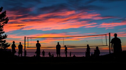 Fototapeta premium Sunset beach volleyball game silhouettes, ocean background