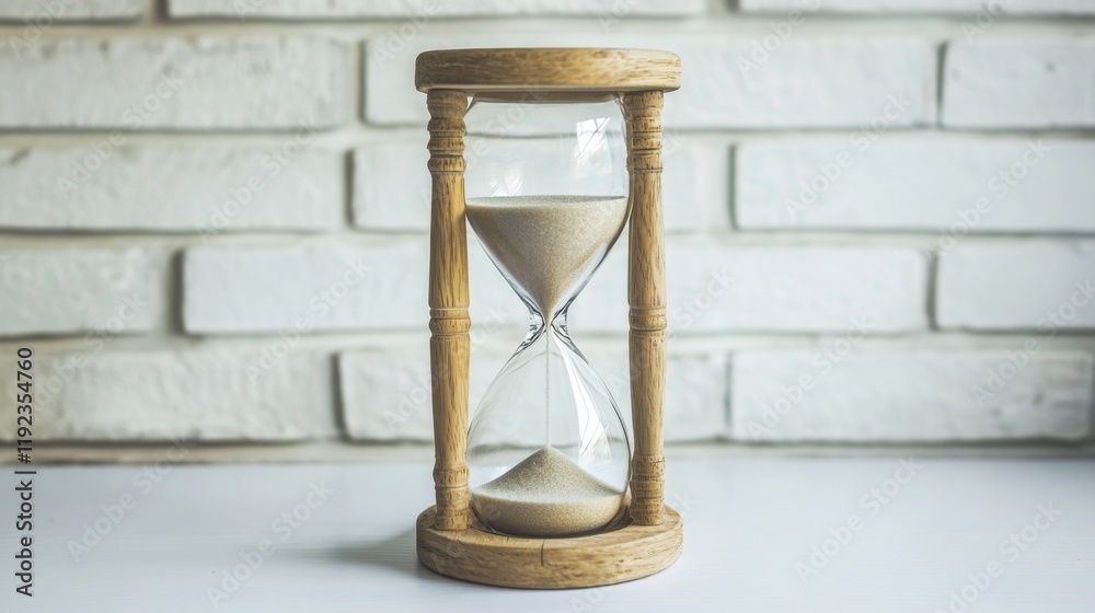 Poster A simple hourglass with sand flowing from the top to the bottom, surrounded by soft light and shadow play on a clean, white background