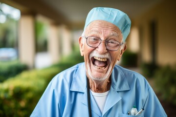 Elderly male surgeon wearing scrubs and surgical cap laughing heartily in hospital corridor