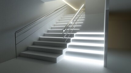 Fototapeta premium A simple, modern staircase with clean white steps, a sleek metal railing, and soft ambient lighting, creating a minimalist entryway