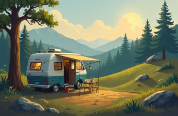 Blue white camper van is parked in nature in grassy field next to tree. Scene is peaceful and serene, with mountains and brightly shining sun in background.