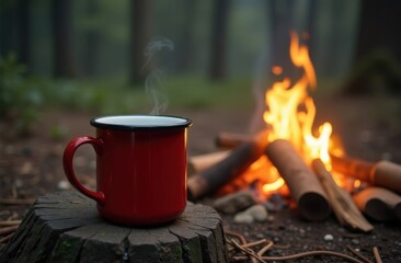 Red travel mug sits on log next to fire. Mug is filled with hot coffee, and steam is rising from it. Scene is peaceful and serene, with warmth of fire.