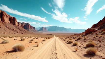 Naklejka premium Arid landscape road journey through a desert with towering sandstone cliffs and scattered desert shrubs under a vibrant blue sky