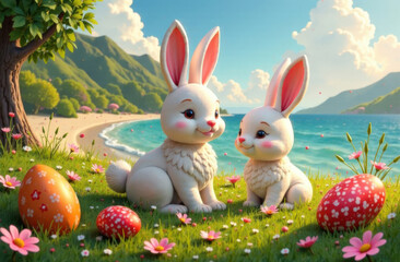 Cartoon Easter bunny and multi colored Easter eggs on green grass near sea. Easter spring greeting card. Easter rabbit and easter eggs background with copy space.