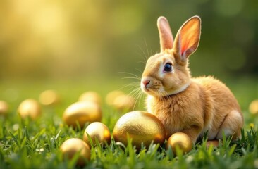 Easter bunny and golden Easter eggs on green grass lawn. Easter spring greeting card. Easter rabbit and easter eggs background with copy space.