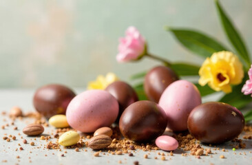 Easter chocolate eggs background. Easter greeting card. Easter chocolate eggs wallpaper for Easter holiday.