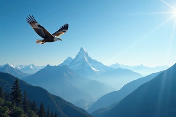 Obraz premium Majestic Eagle Soaring Above a Breathtaking Mountain Range on a Sunny Day