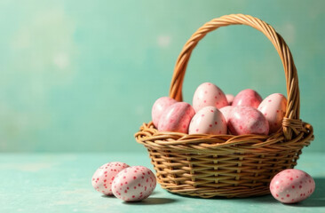 Basket with Easter colorful eggs on blue background with copy space. Spring easter background.