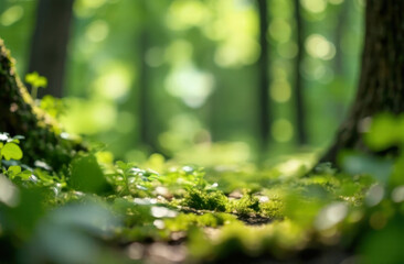 Green woodland with wild grass and defocused sun beams. Summer spring natural background with copy space. Nature wallpaper.