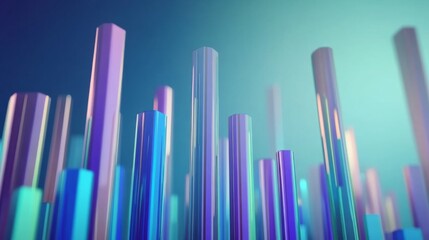 A sleek, D-rendered bar graph with tall, shiny bars in shades of blue and green, illustrating a rise in market data over a specified period