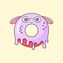 Cute donut character with happy emotions, face, smile, eyes and ears. Donut with glasses. Hand drawn Colorful flat vector illustration