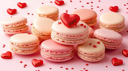 1. Valentine's Day Love Banner: Heart-Shaped Macaron Cookies on a Pink Panoramic Background