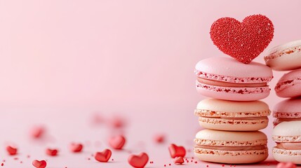 1. Valentine's Day Love Banner: Heart-Shaped Macaron Cookies on a Pink Panoramic Background