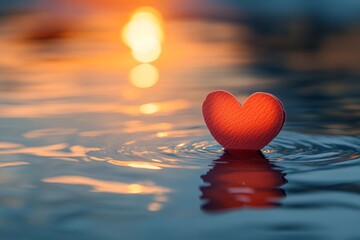 Fototapeta premium Red heart-shaped object floating on rippled water