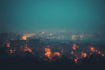 Obraz premium Cityscape at night with glowing lights and deep blue sky