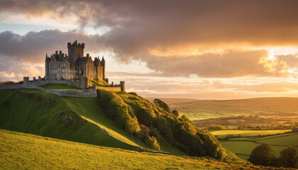 Obraz premium Majestic Irish castle on green hill with golden sunset