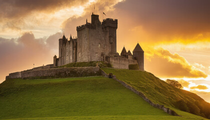 Fototapeta premium Majestic Irish castle on green hill with golden sunset