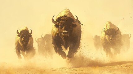 1. "A Large Herd of Wild American Bison (Buffaloes) Running in a Dusty Plain, Symbolizing the American Far West and the US National Mammal"