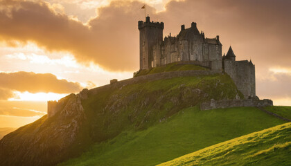 Obraz premium Majestic Irish castle on green hill with golden sunset