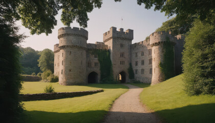 Ancient stone castle surrounded by lush green grass