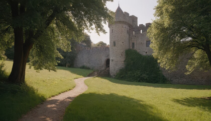 Ancient stone castle surrounded by lush green grass