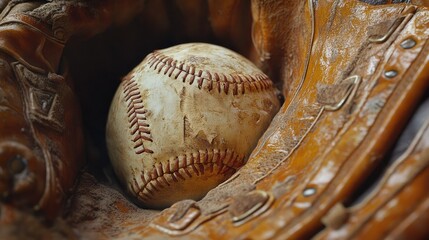 1. "Close-up of a Vintage Baseball in a Catcher's Leather Mitt – Used Ball and Glove Still Life"