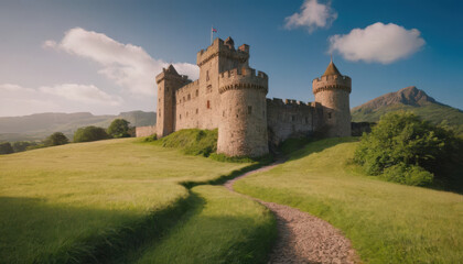 Obraz premium Ancient stone castle surrounded by lush green grass