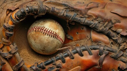 1. "Close-up of a Vintage Baseball in a Catcher's Leather Mitt – Used Ball and Glove Still Life"
