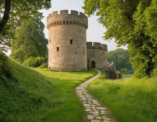 Ancient stone castle surrounded by lush green grass